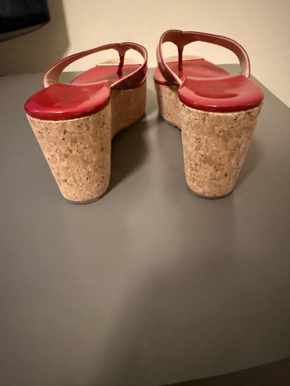 Jimmy Choo Red Patent Leather Platform Thong Mules with Gold Toe Plate - Picture 5 of 6